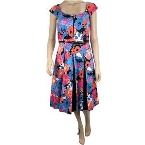 JAX Colorful Floral Print Belted Cap Sleeve Dress Sz 8 Paneled Skirt